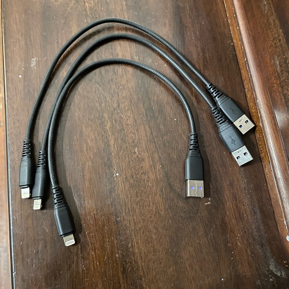 Set of 3 Black USB-a to Lightning Cables 1ft long